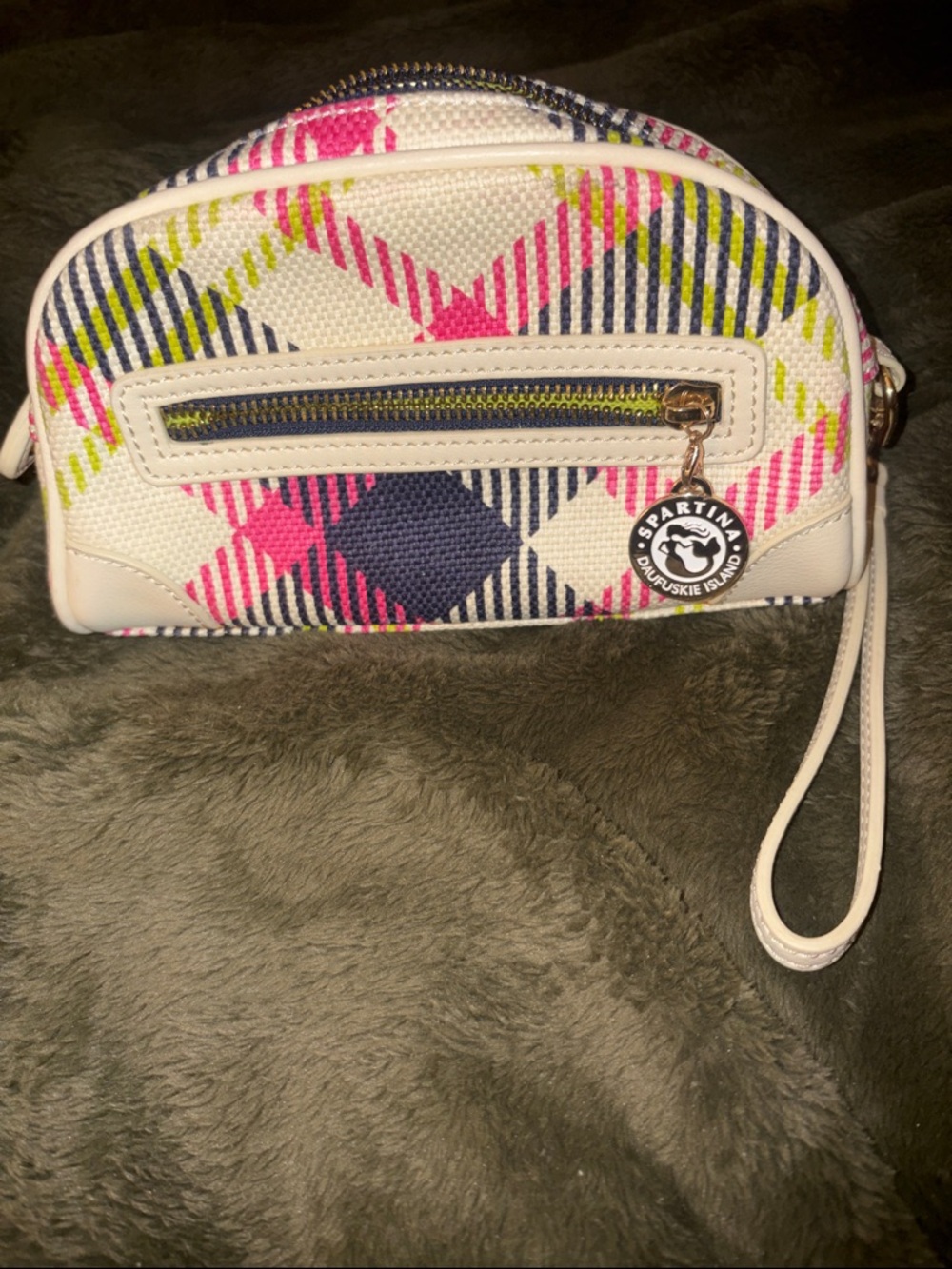 Spartina 449 White Plaid Wristlet with Navy, Hot Pink & Lime